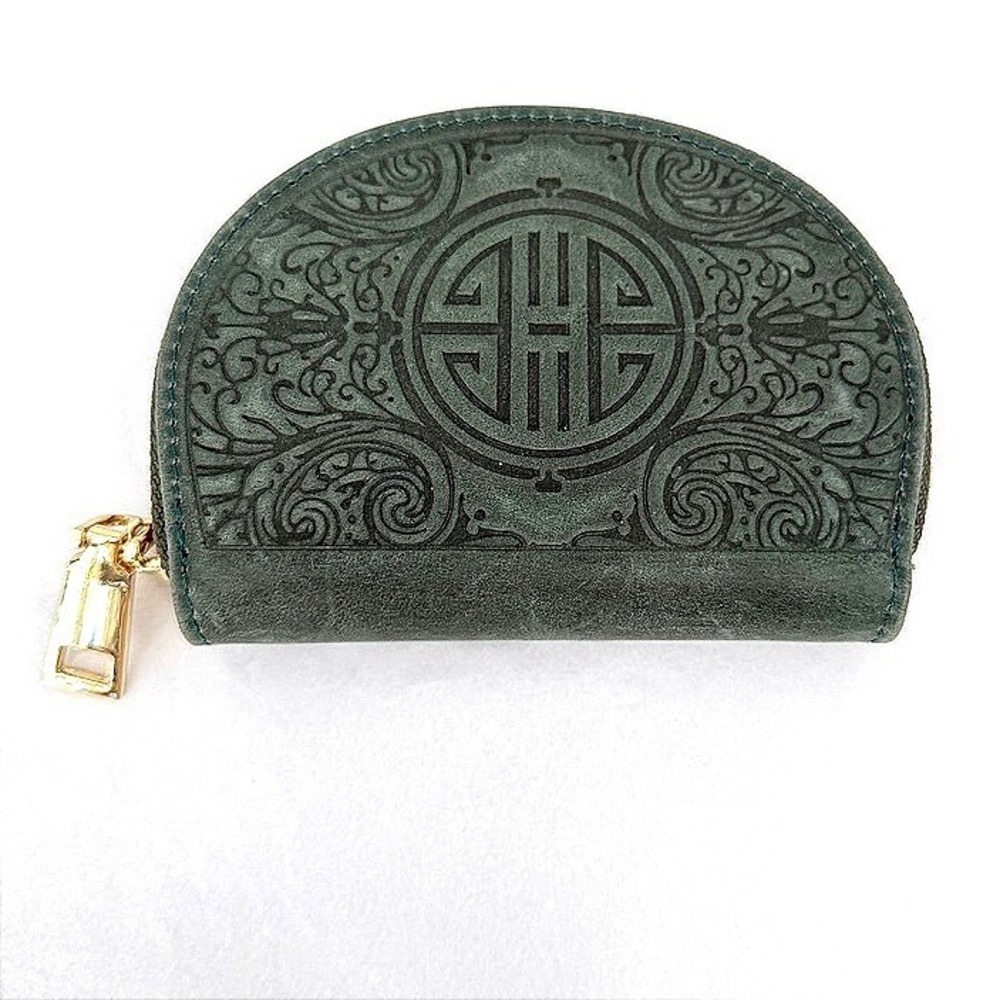Cross Card Holder Wallet Green Suede Embossed Filigree Zip Accordion Ornate Boho